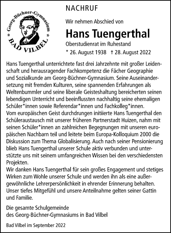 Traueranzeige von Hans Tuengerthal von Bad Vilbel/Karben