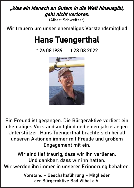 Traueranzeige von Hans Tuengerthal von Bad Vilbel/Karben