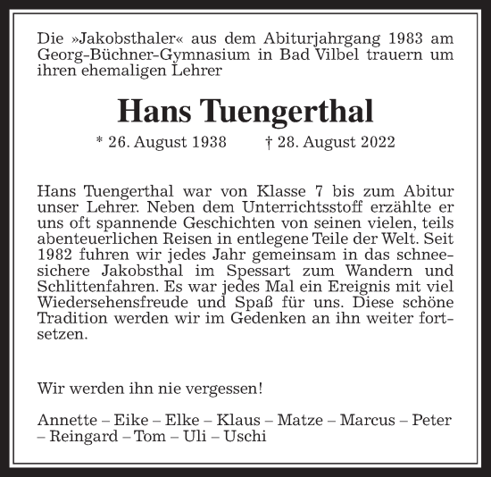 Traueranzeige von Hans Tuengerthal von Bad Vilbel/Karben