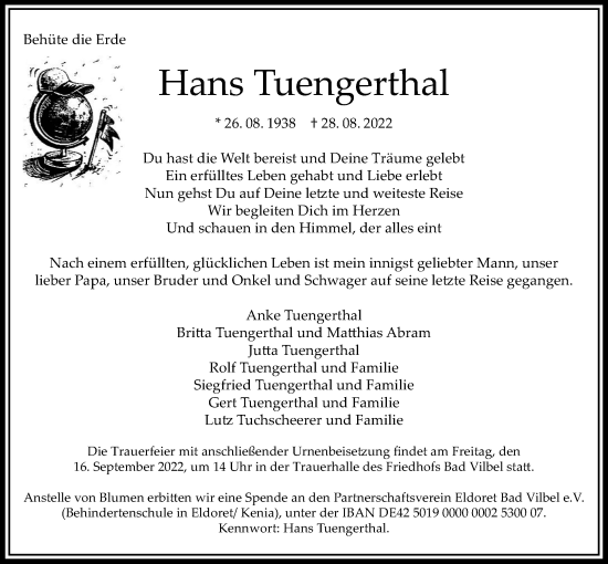 Traueranzeige von Hans Tuengerthal von Bad Vilbel/Karben