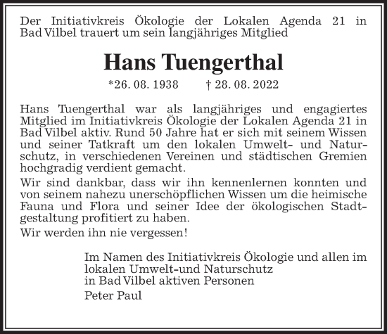Traueranzeige von Hans Tuengerthal von Bad Vilbel/Karben