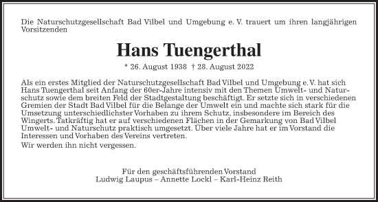 Traueranzeige von Hans Tuengerthal von Bad Vilbel/Karben
