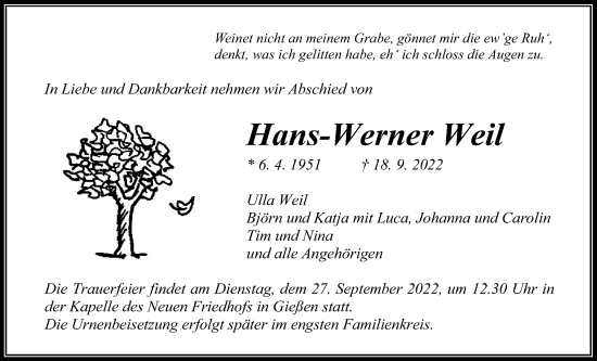 Traueranzeige von Hans-Werner Weil von Giessener Allgemeine, Alsfelder Allgemeine, Giessener Anzeiger