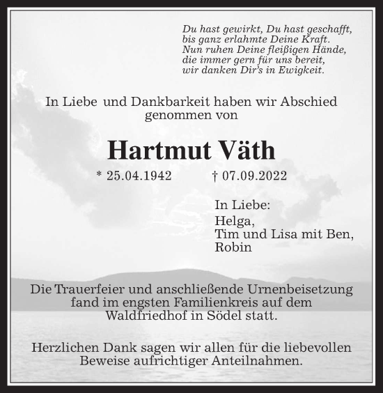 Traueranzeige von Hartmut Väth von Wetterauer Zeitung