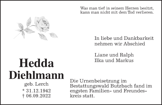 Traueranzeige von Hedda Diehlmann von Wetterauer Zeitung
