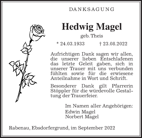 Traueranzeige von Hedwig Magel von Rabenauer Zeitung