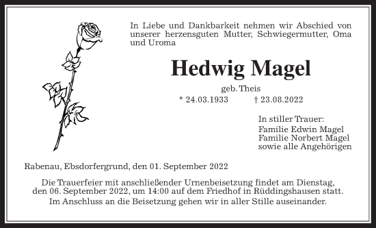 Traueranzeige von Hedwig Magel von Rabenauer Zeitung