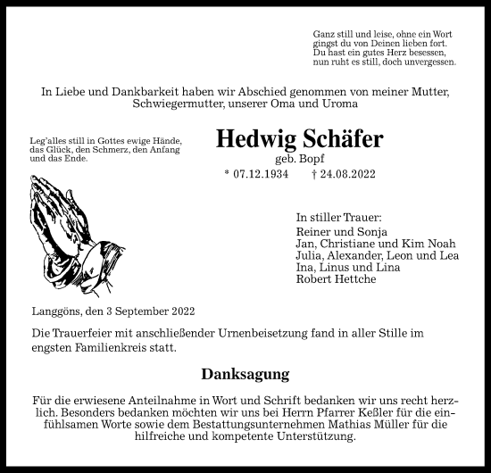 Traueranzeige von Hedwig Schäfer von Giessener Allgemeine, Alsfelder Allgemeine