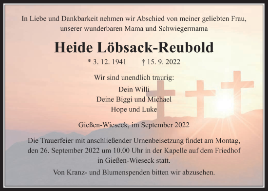 Traueranzeige von Heide Löbsack-Reubold von Giessener Allgemeine, Alsfelder Allgemeine, Giessener Anzeiger