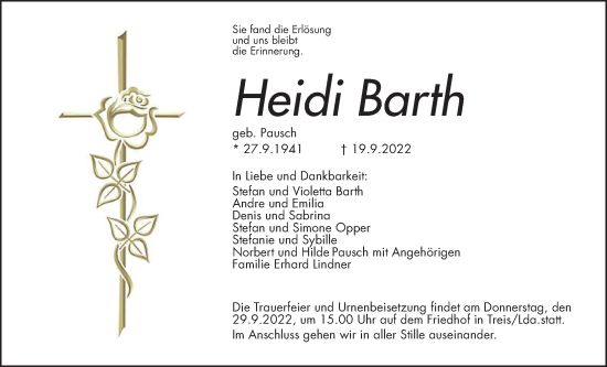 Traueranzeige von Heidi Barth von Giessener Anzeiger