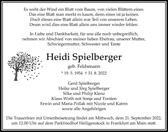 Traueranzeige von Heidi Spielberger von Bad Vilbel/Karben