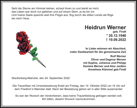 Traueranzeige von Heidrun Werner von Giessener Allgemeine, Alsfelder Allgemeine, Giessener Anzeiger
