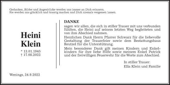 Traueranzeige von Heini Klein von Kreis-Anzeiger