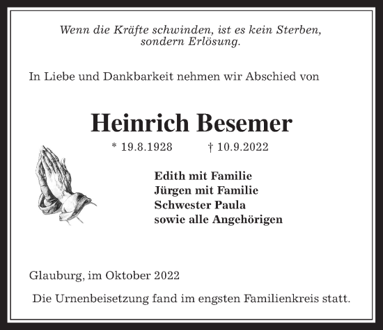 Traueranzeige von Heinrich Besemer von Kreis-Anzeiger