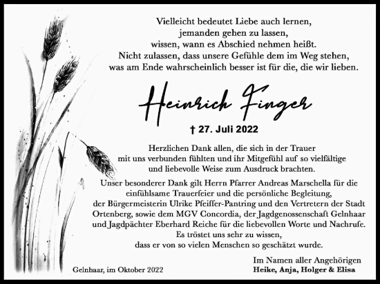 Traueranzeige von Heinrich Finger von Kreis-Anzeiger