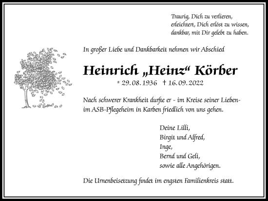 Traueranzeige von Heinrich Körber von Wetterauer Zeitung, Bad Vilbeler Anzeiger, Karbener Zeitung