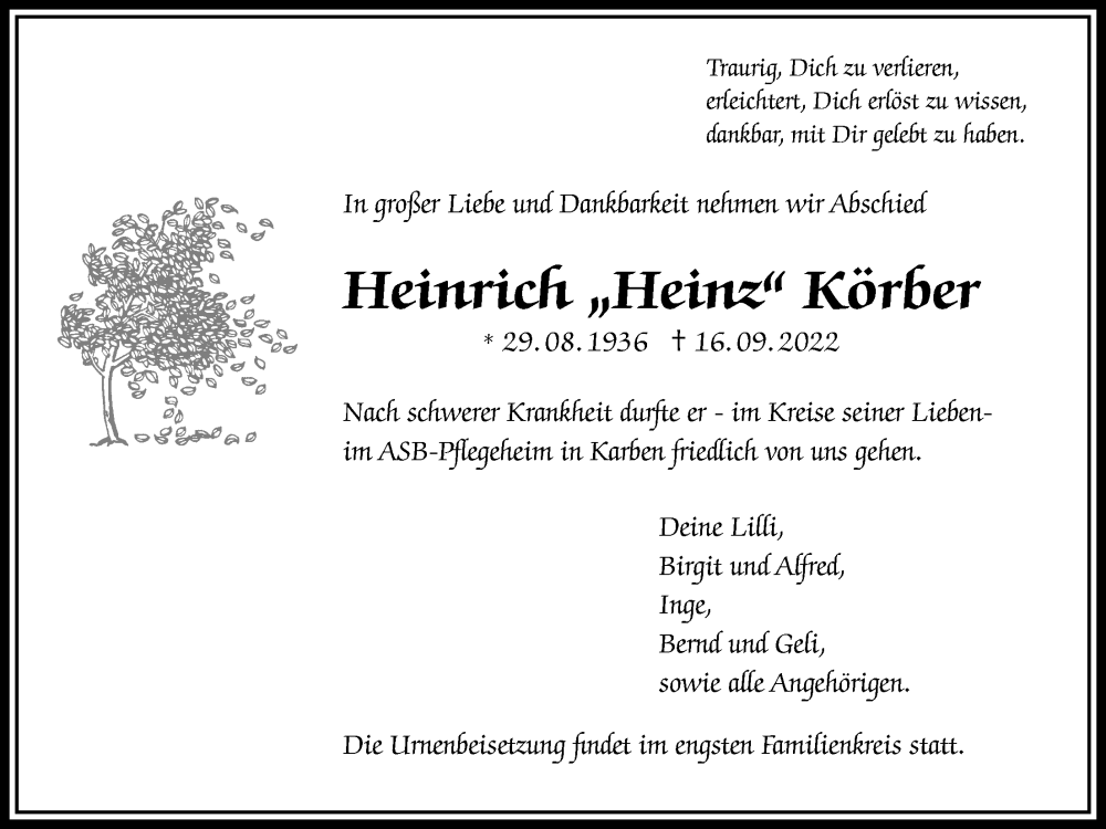  Traueranzeige für Heinrich Körber vom 29.09.2022 aus Wetterauer Zeitung, Bad Vilbeler Anzeiger, Karbener Zeitung