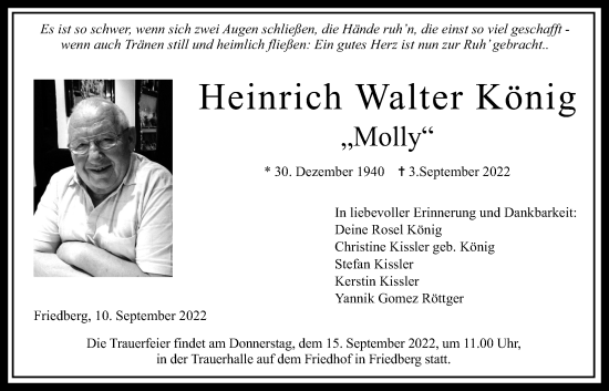 Traueranzeige von Heinrich Walter König von Wetterauer Zeitung