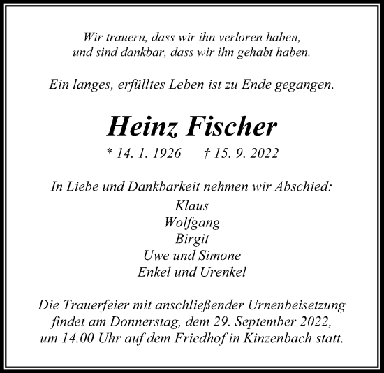 Traueranzeige von Heinz Fischer von Giessener Allgemeine, Alsfelder Allgemeine