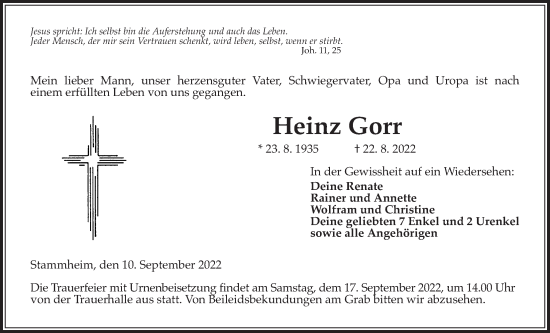 Traueranzeige von Heinz Gorr von Wetterauer Zeitung