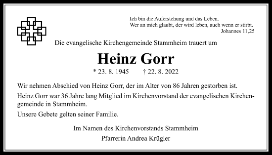 Traueranzeige von Heinz Gorr von Wetterauer Zeitung