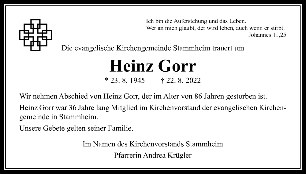  Traueranzeige für Heinz Gorr vom 22.09.2022 aus Wetterauer Zeitung