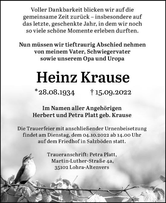 Traueranzeige von Heinz Krause von Giessener Allgemeine, Alsfelder Allgemeine