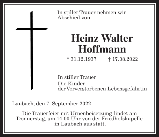 Traueranzeige von Heinz Walter Hoffmann von Laubacher Anzeiger