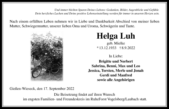 Traueranzeige von Helga Luh von Giessener Allgemeine, Alsfelder Allgemeine, Giessener Anzeiger