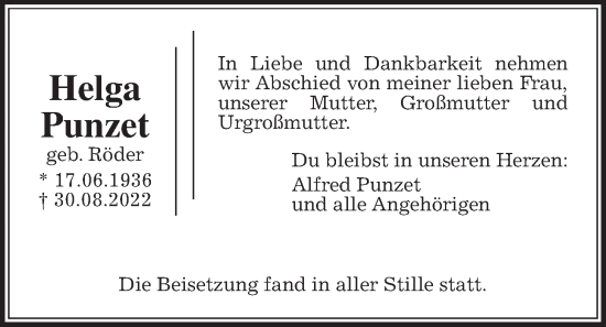 Traueranzeige von Helga Punzet von Wetterauer Zeitung