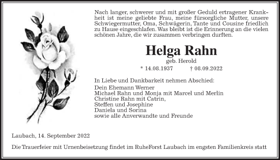 Traueranzeige von Helga Rahn von Giessener Anzeiger, Laubacher Anzeiger