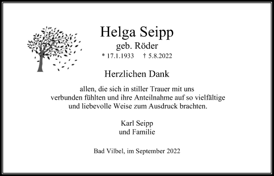 Traueranzeige von Helga Seipp von Bad Vilbel/Karben