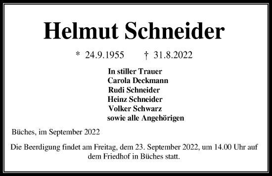 Traueranzeige von Helmujt Schneider von Kreis-Anzeiger