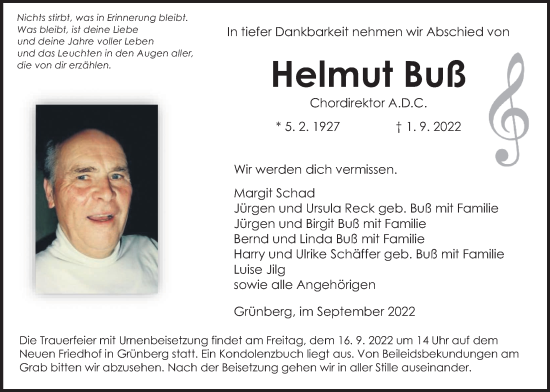 Traueranzeige von Helmut Buß von Giessener Allgemeine, Alsfelder Allgemeine, Giessener Anzeiger