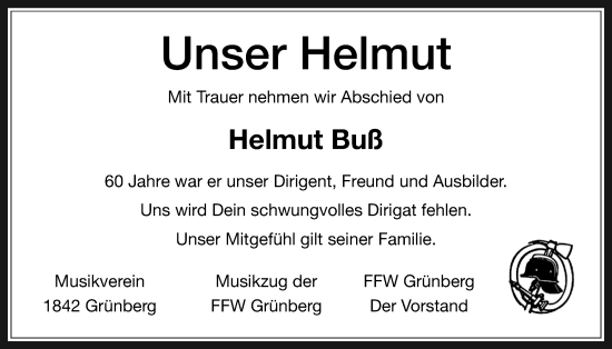 Traueranzeige von Helmut Buß von Heimatzeitung Grünberg + Laubach