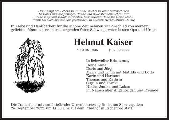 Traueranzeige von Helmut Kaiser von Kreis-Anzeiger