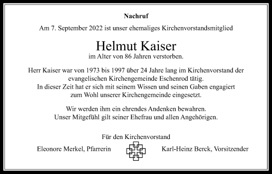 Traueranzeige von Helmut Kaiser von Kreis-Anzeiger