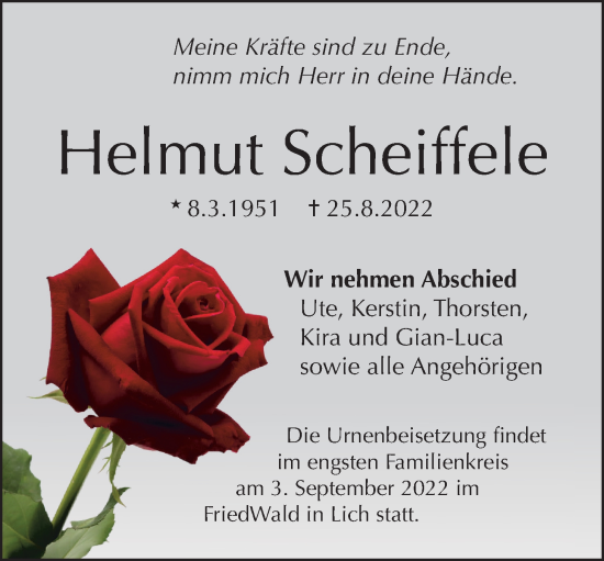 Traueranzeige von Helmut Scheiffele von Giessener Allgemeine, Alsfelder Allgemeine