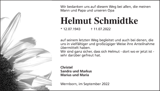 Traueranzeige von Helmut Schmidtke von Usinger Anzeiger