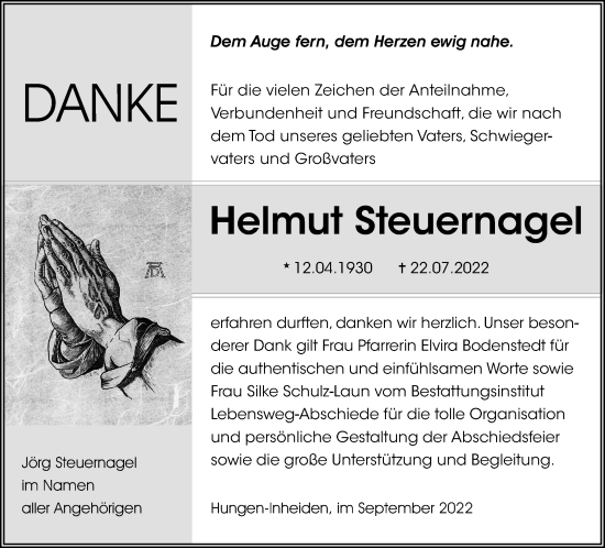 Traueranzeige von Helmut Steuernagel von Licher Wochenblatt