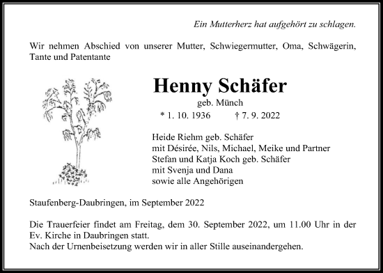 Traueranzeige von Henny Schäfer von Giessener Allgemeine, Alsfelder Allgemeine