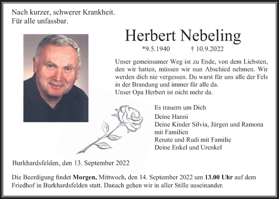 Traueranzeige von Herbert Nebeling von Giessener Allgemeine, Alsfelder Allgemeine, Reiskirchener Anzeiger