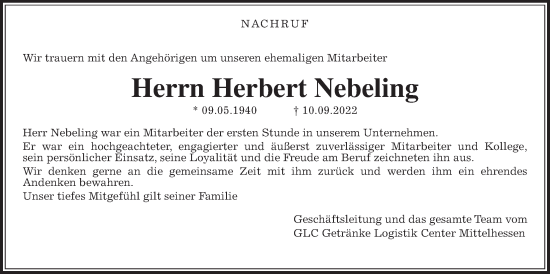 Traueranzeige von Herbert Nebeling von Giessener Anzeiger, Giessener Allgemeine, Alsfelder Allgemeine