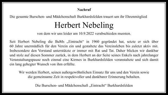 Traueranzeige von Herbert Nebeling von Reiskirchener Anzeiger