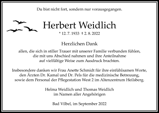 Traueranzeige von Herbert Weidlich von Bad Vilbel/Karben