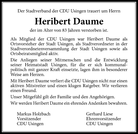 Traueranzeige von Heribert Daume von Usinger Anzeiger