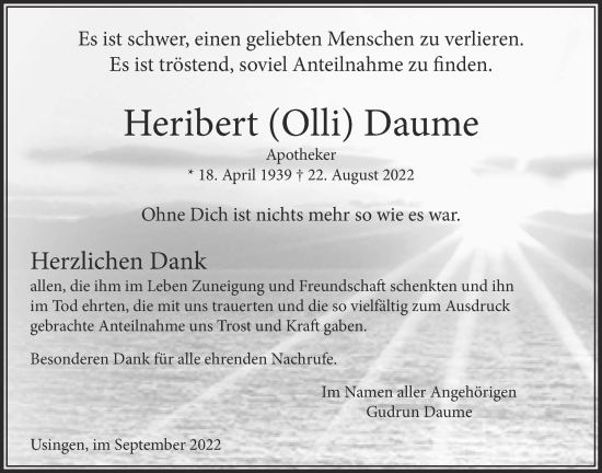 Traueranzeige von Heribert Daume von Usinger Anzeiger