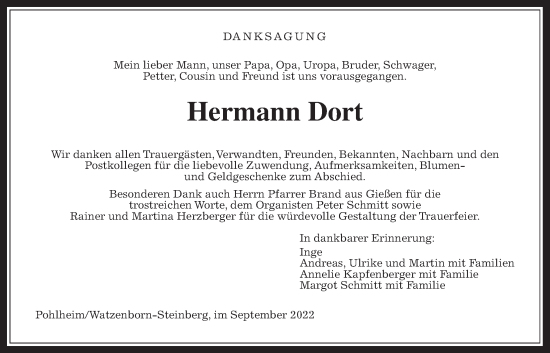 Traueranzeige von Hermann Dort von Giessener Allgemeine, Alsfelder Allgemeine, Giessener Anzeiger, Pohlheimer Nachrichten