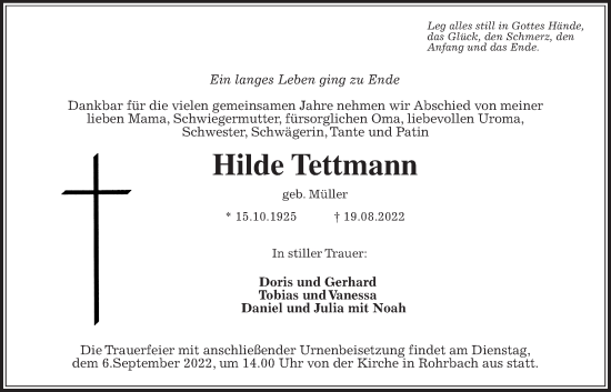 Traueranzeige von Hilde Tettmann von Kreis-Anzeiger