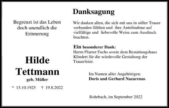Traueranzeige von Hilde Tettmann von Kreis-Anzeiger